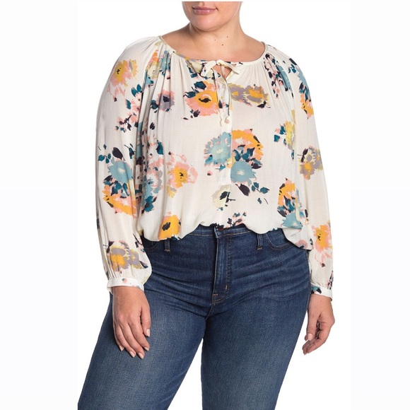 Lucky Brand Peasant Blouse Floral Keyhole Top Plus Size 1X NWT $99.00 - Picture 1 of 7